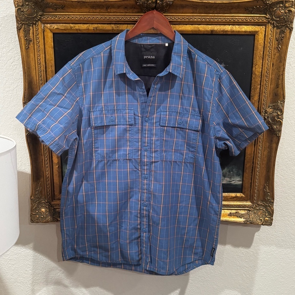 PRANA Blue Plaid Short Sleeve Button Down Shirt Gorpcore Summer Mesh Air Vents L